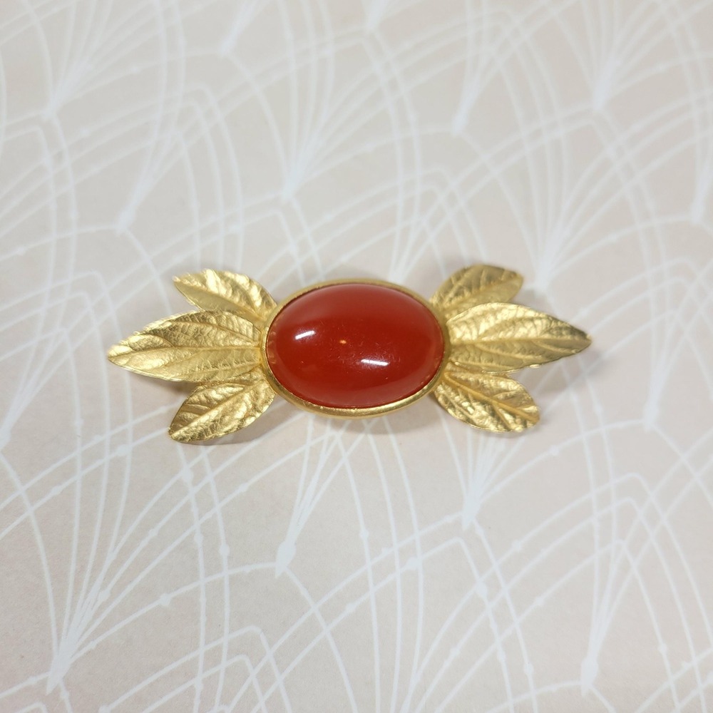 Vintage Trifari Red Cabochon Leaf Brooch, Gold Tone Botanical Pin